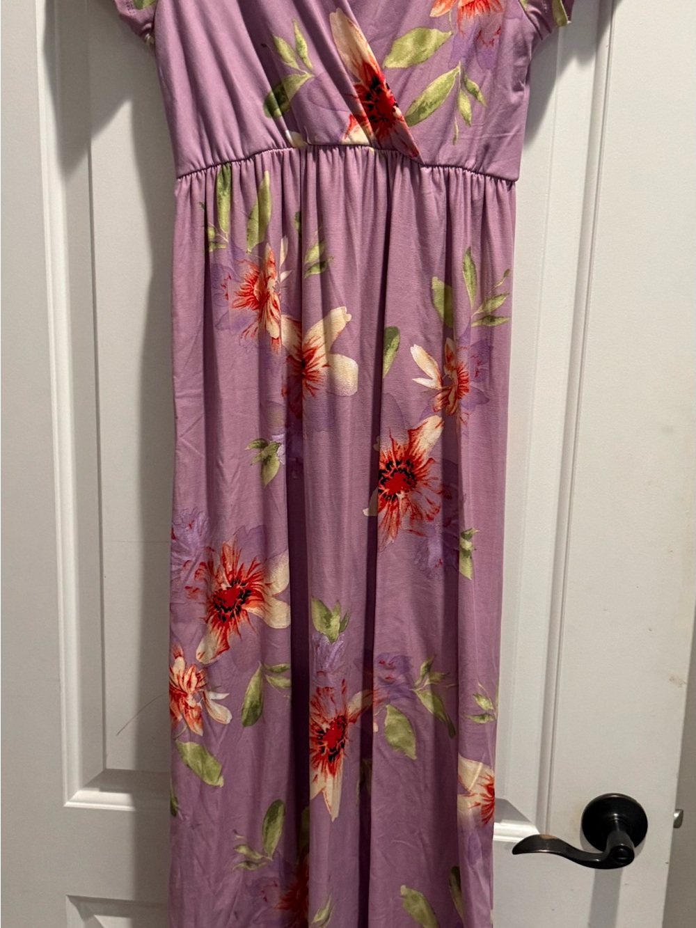 Mother Bee Maternity Lavender Floral Maxi Dress with Red and Green Accents